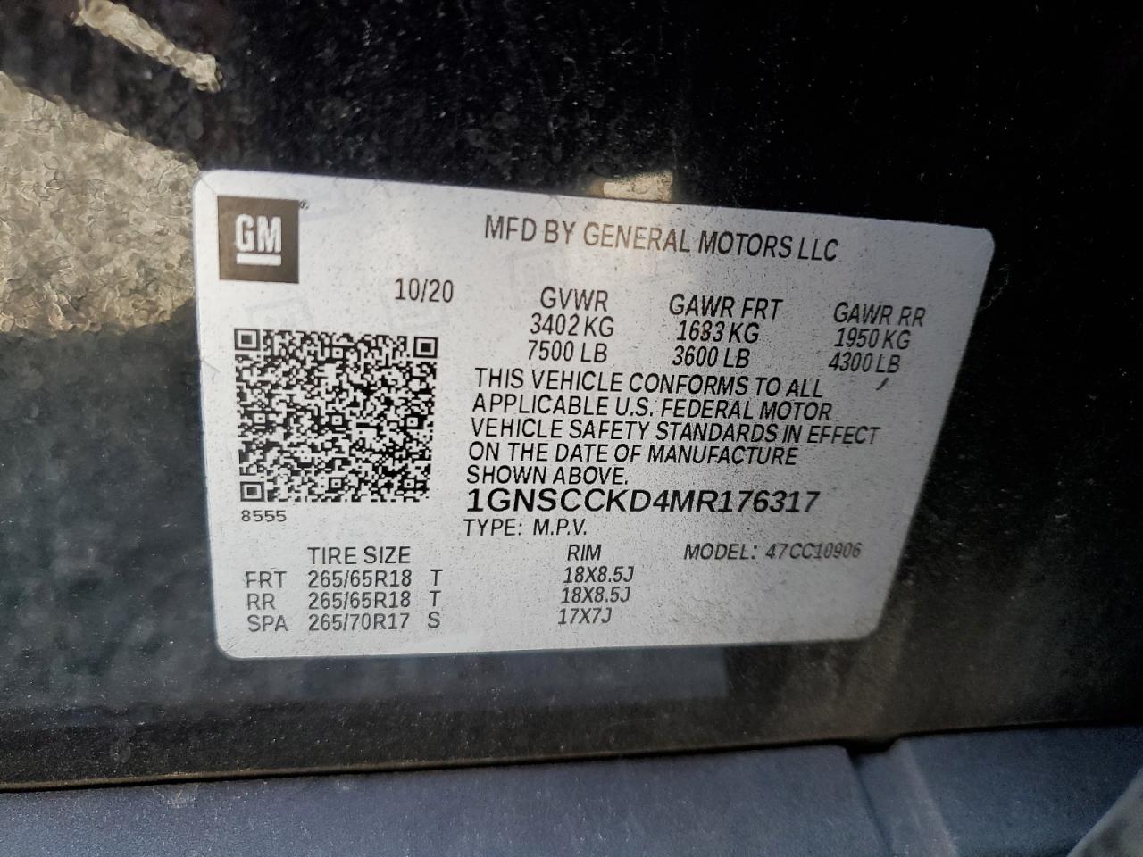 2021 Chevrolet Suburban VIN 1GNSCCKD4MR176317 Copart auction photo, front end / side damage thumbnail 15