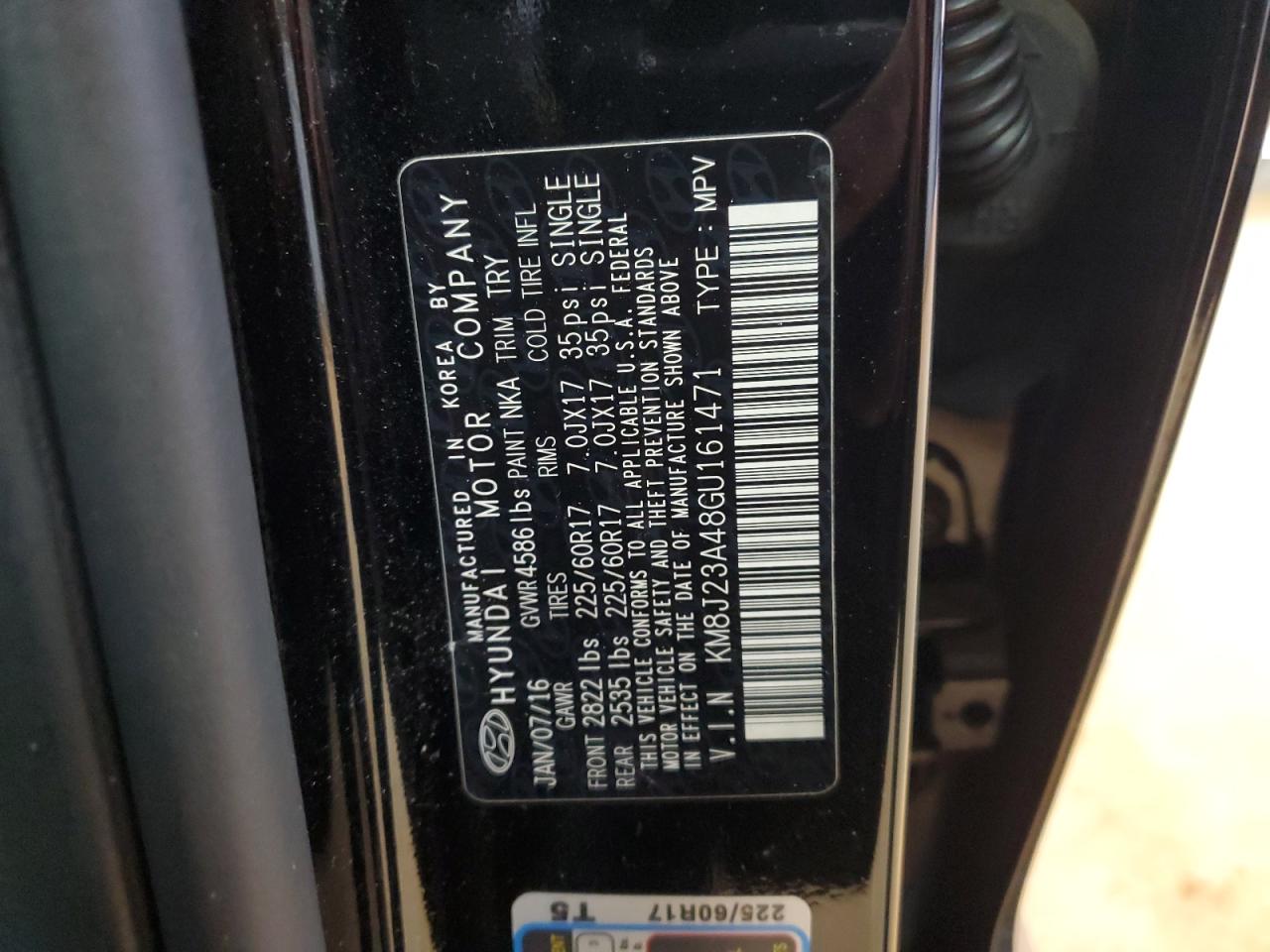 2016 Hyundai Tucson VIN KM8J23A48GU161471 Copart auction photo, front end / side damage thumbnail 15