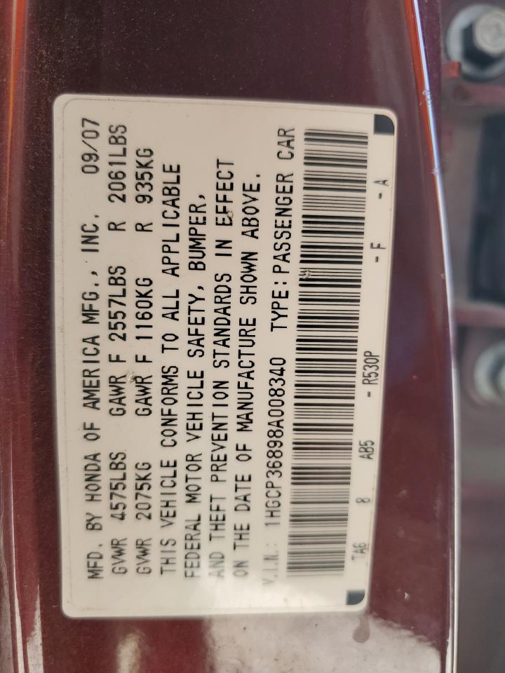 2008 Honda Accord VIN 1HGCP36898A008340 Copart auction photo, front end damage thumbnail 13