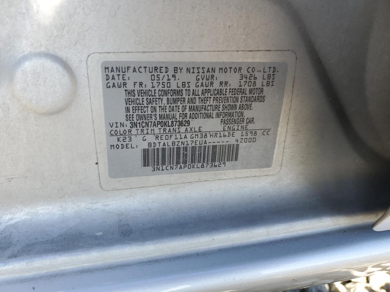 2019 Nissan Versa VIN 3N1CN7AP0KL873629 Copart auction photo, front end / rear end damage thumbnail 12