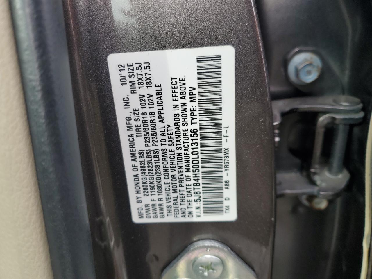 2013 Acura RDX VIN 5J8TB4H50DL013156 Copart auction photo, side / rear end damage thumbnail 16