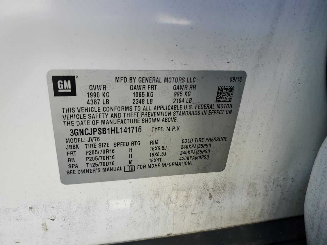 2017 Chevrolet Trax VIN 3GNCJPSB1HL141716 Copart auction photo, all over damage thumbnail 13