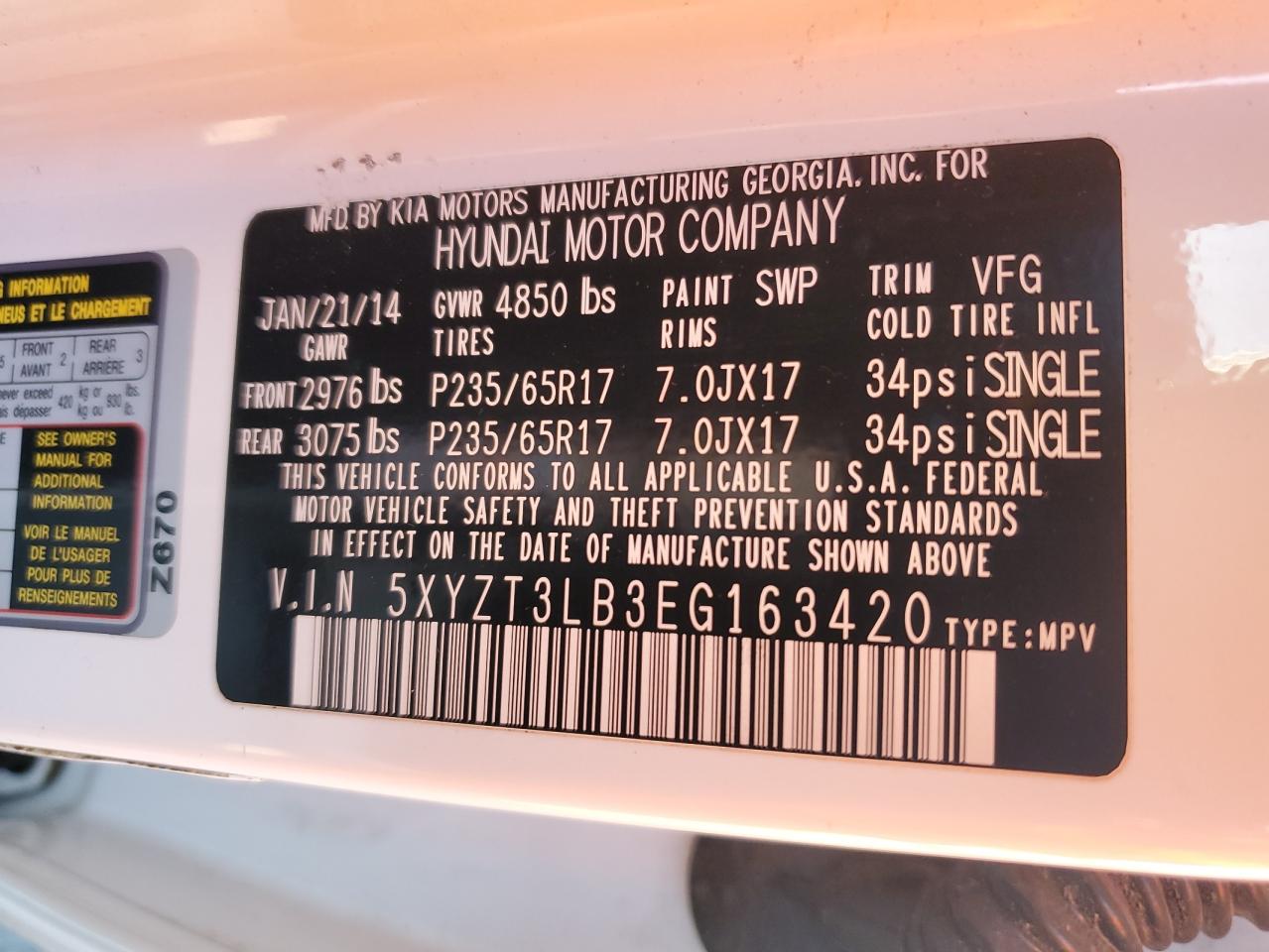 2014 Hyundai Santa Fe VIN 5XYZT3LB3EG163420 Copart auction photo, front end damage thumbnail 12