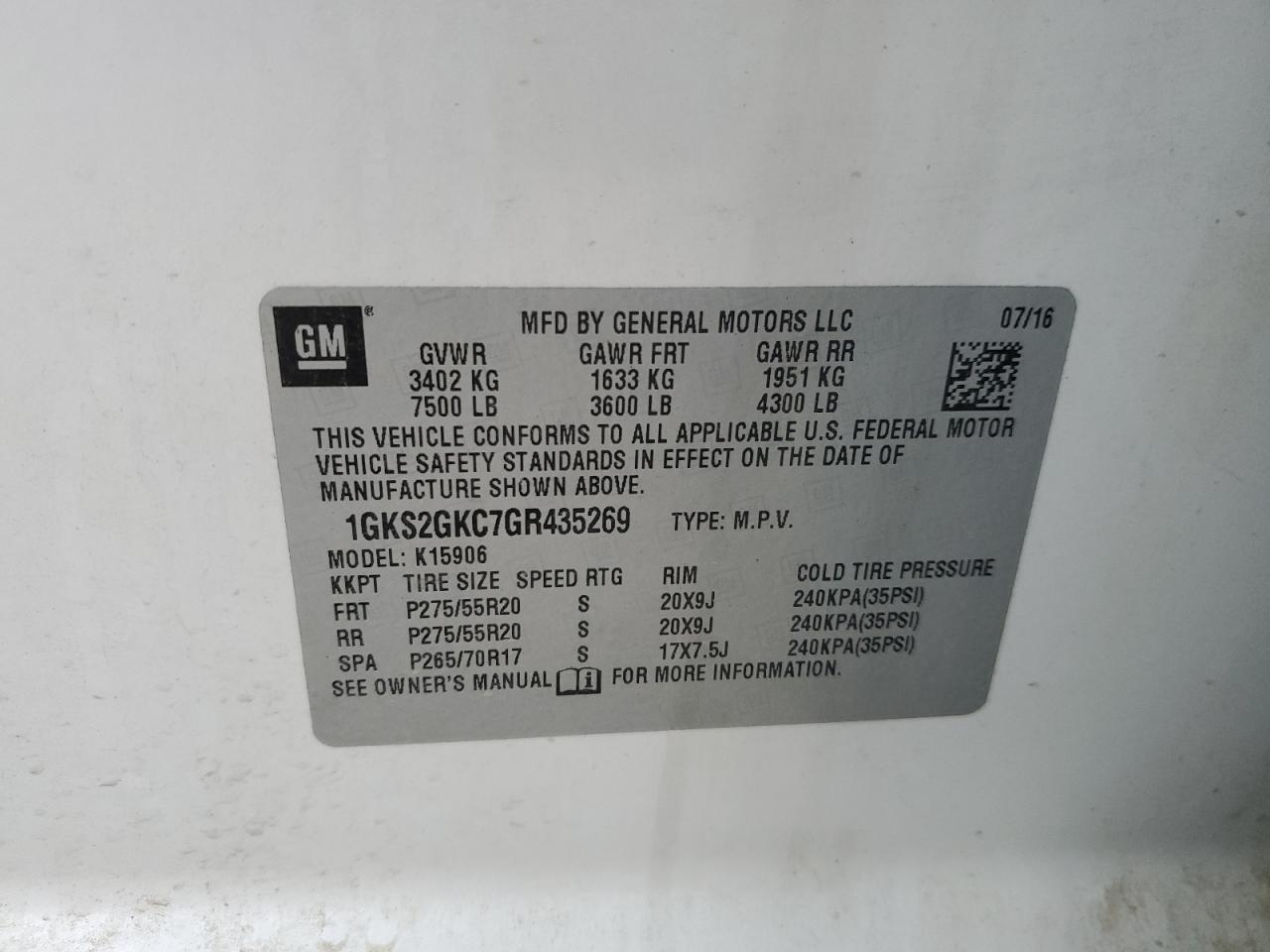 2016 GMC Yukon VIN 1GKS2GKC7GR435269 Copart auction photo, front end damage thumbnail 14