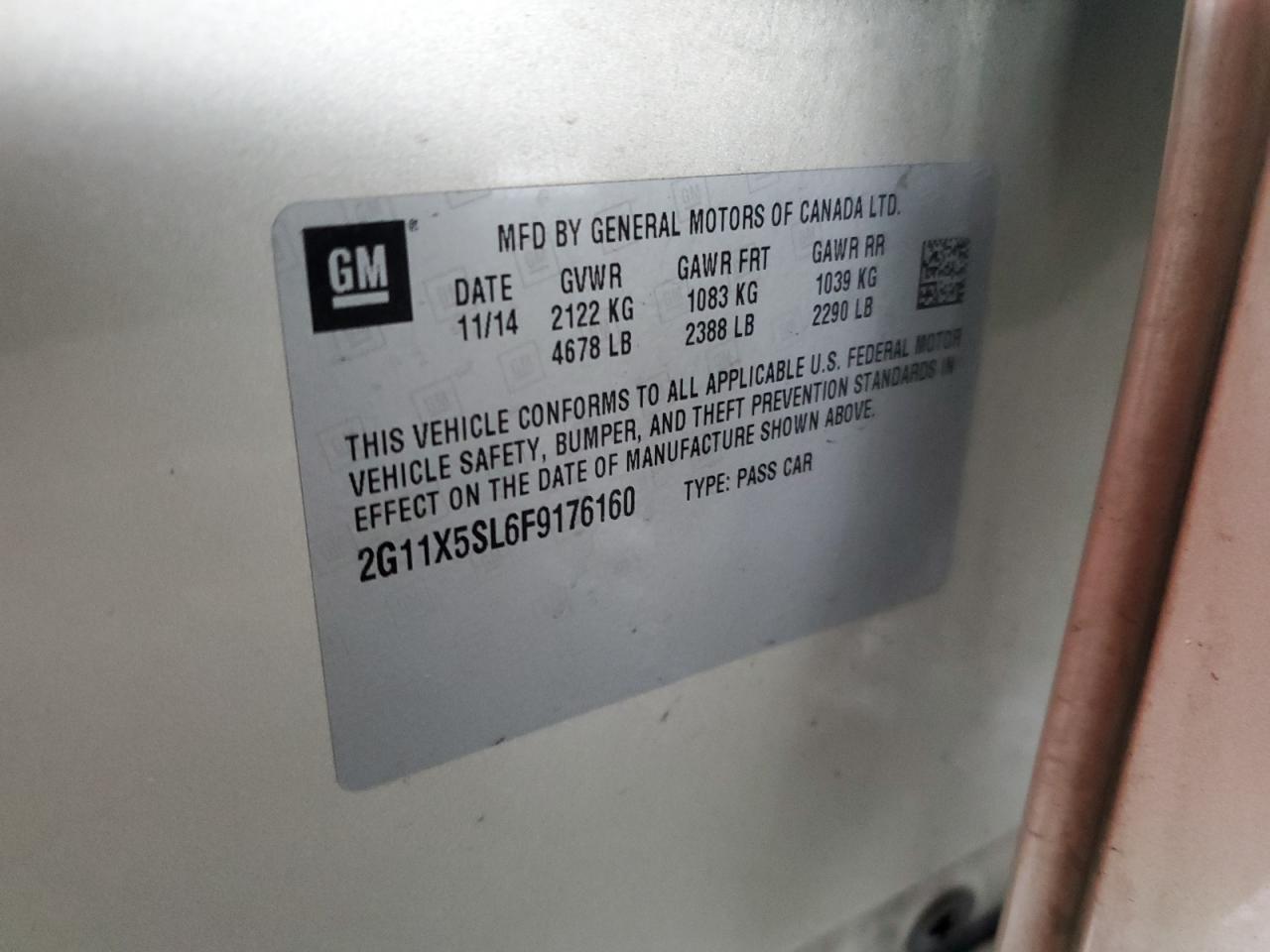 2015 Chevrolet Impala VIN 2G11X5SL6F9176160 Copart auction photo, all over damage thumbnail 14