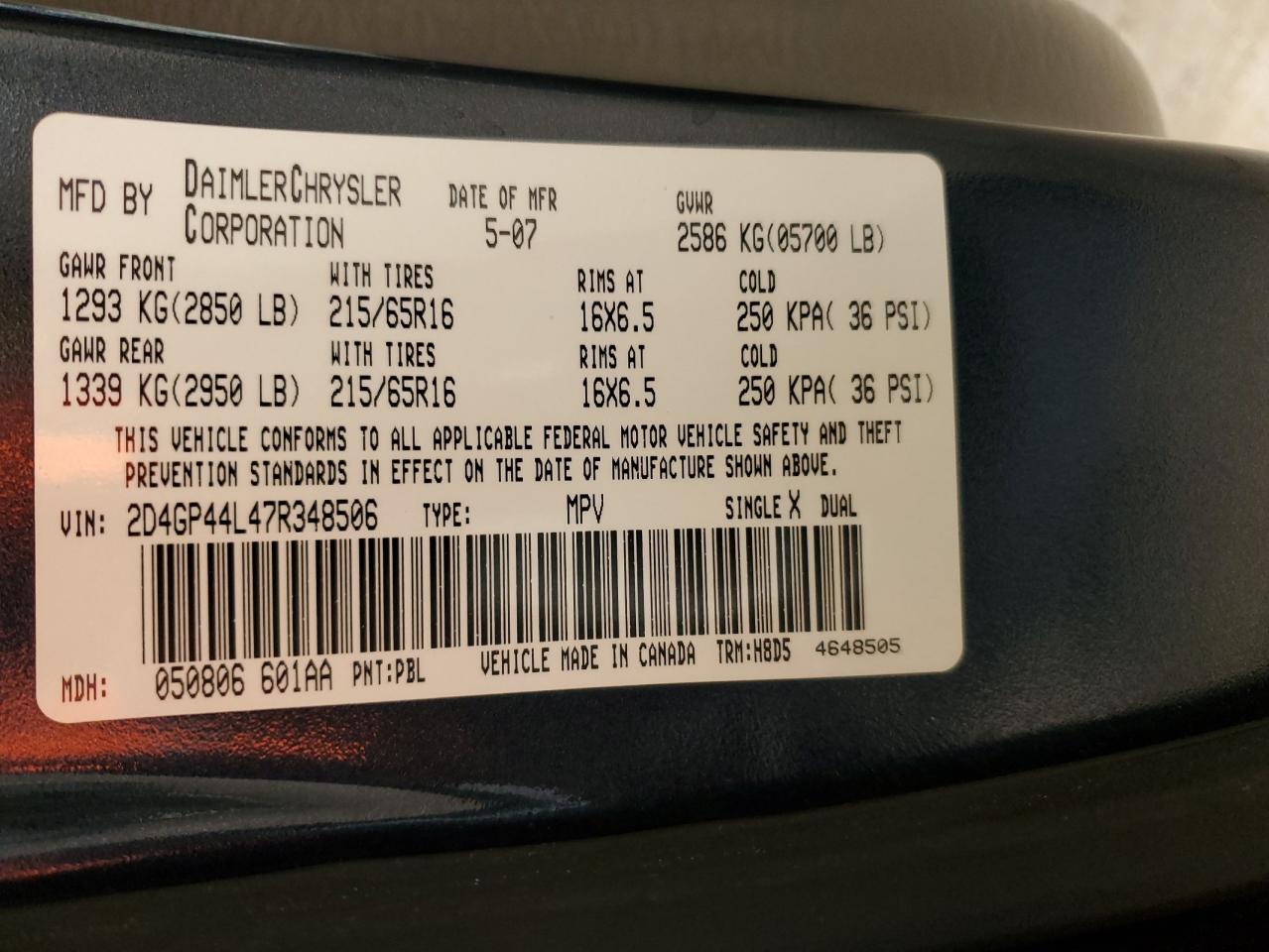 2007 Dodge Caravan VIN 2D4GP44L47R348506 Copart auction photo, front end / side damage thumbnail 13