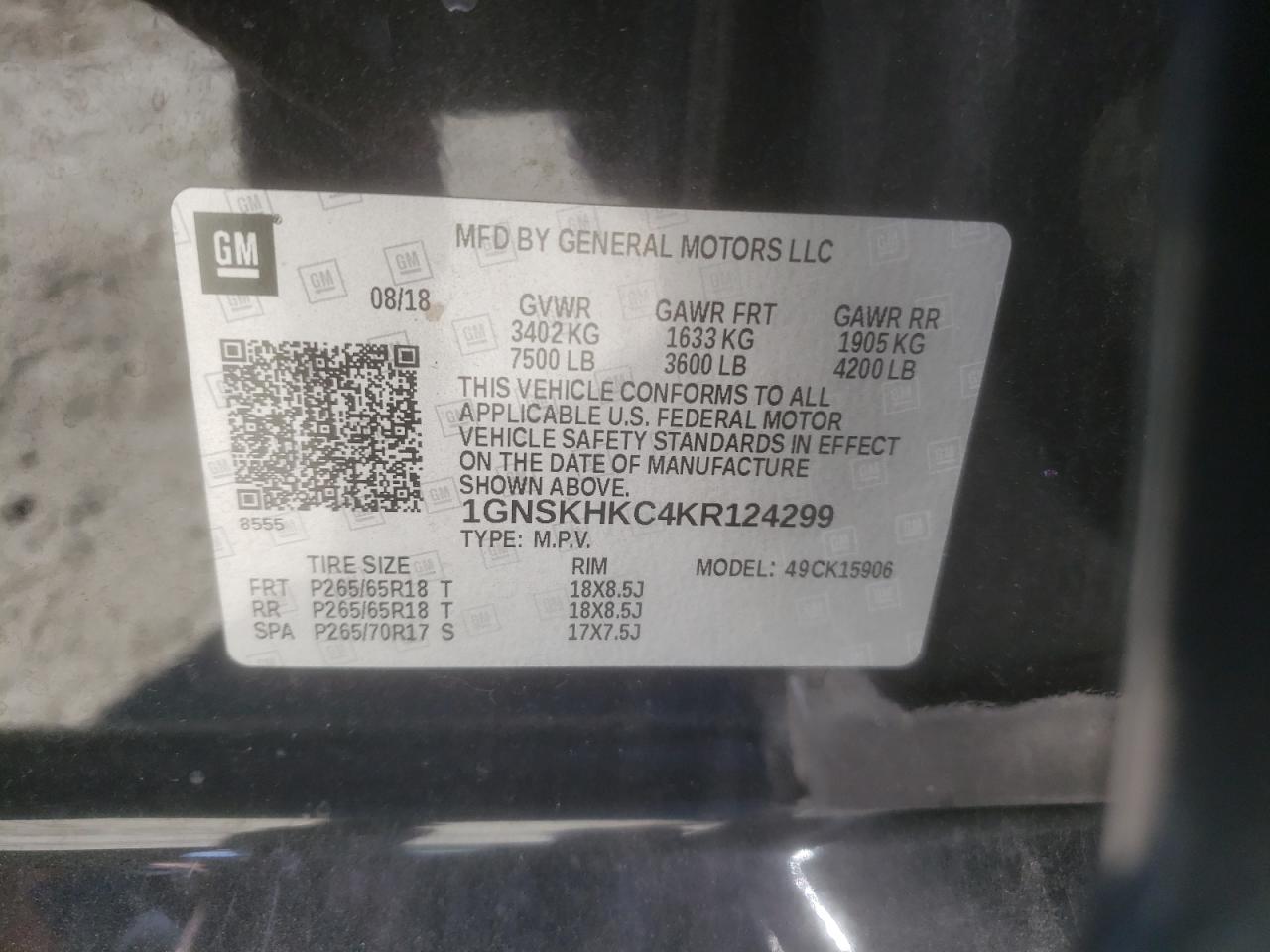 2019 Chevrolet Suburban VIN 1GNSKHKC4KR124299 Copart auction photo, front end / side damage thumbnail 15