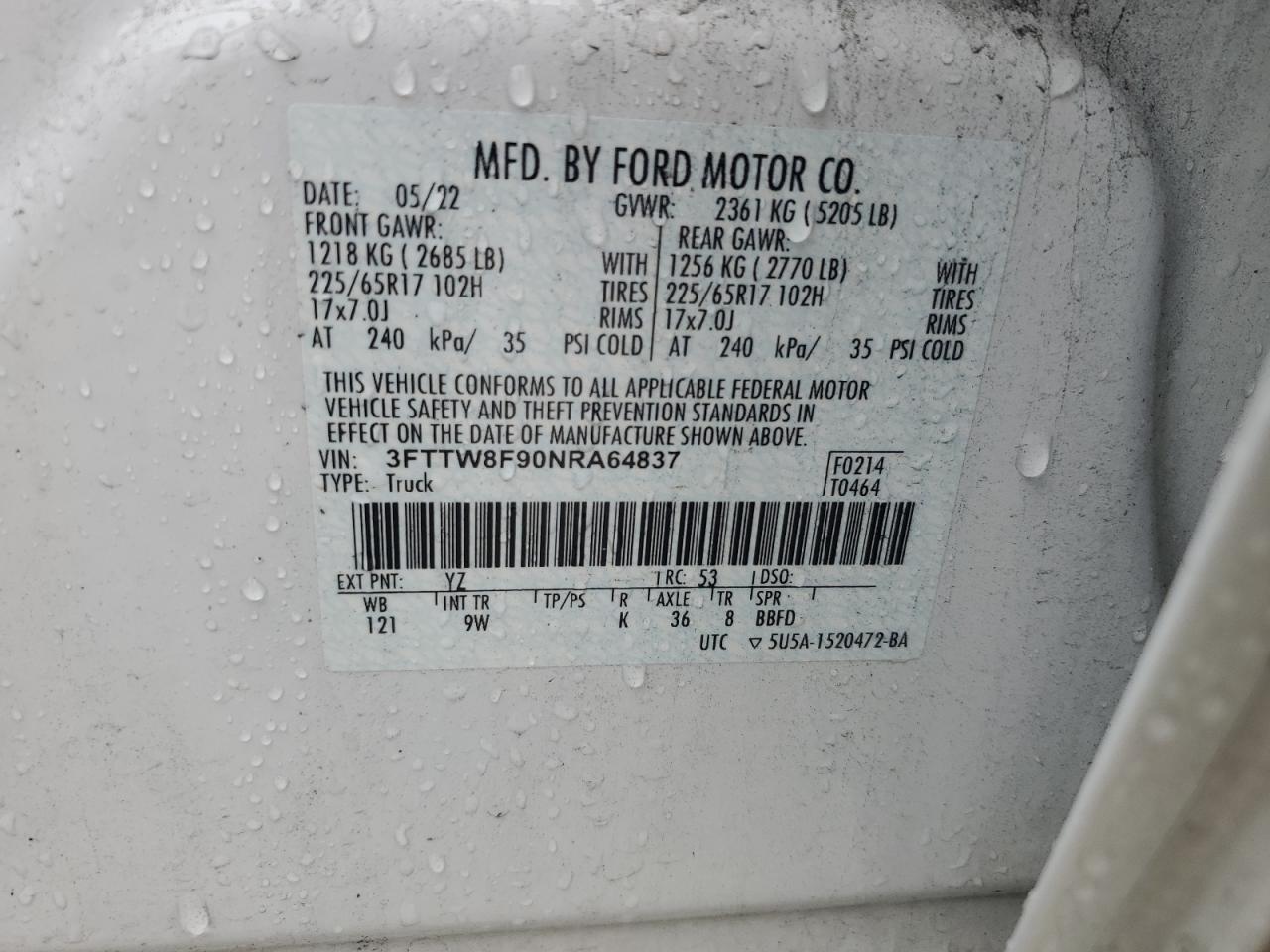 2022 Ford Maverick VIN 3FTTW8F90NRA64837 Copart auction photo, burn damage thumbnail 12