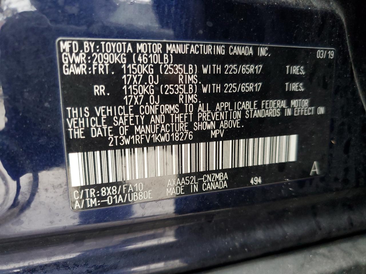 2019 Toyota RAV 4 VIN 2T3W1RFV1KW018276 Copart auction photo, front end / side damage thumbnail 14