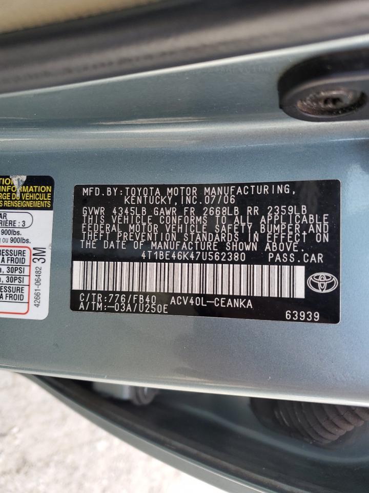 2007 Toyota Camry VIN 4T1BE46K47U562380 Copart auction photo, rear end damage thumbnail 12