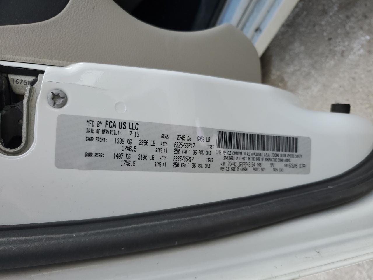 2015 Chrysler Town & Country VIN 2C4RC1JG7FR743124 Copart auction photo, front end / side damage thumbnail 14