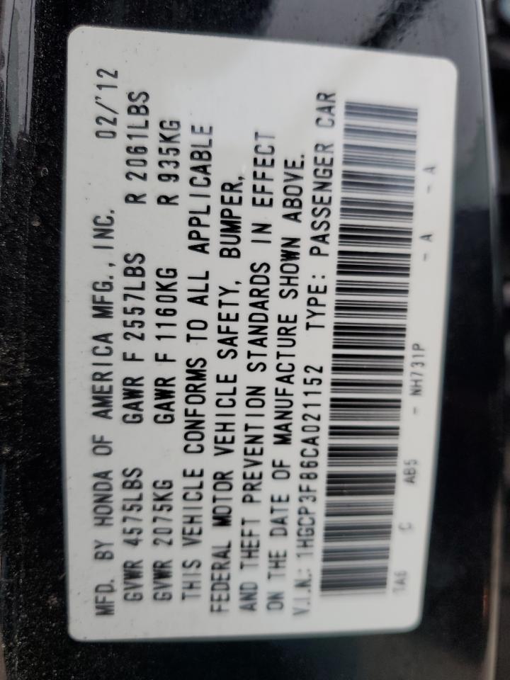 2012 Honda Accord VIN 1HGCP3F86CA021152 Copart auction photo, rear end damage thumbnail 12