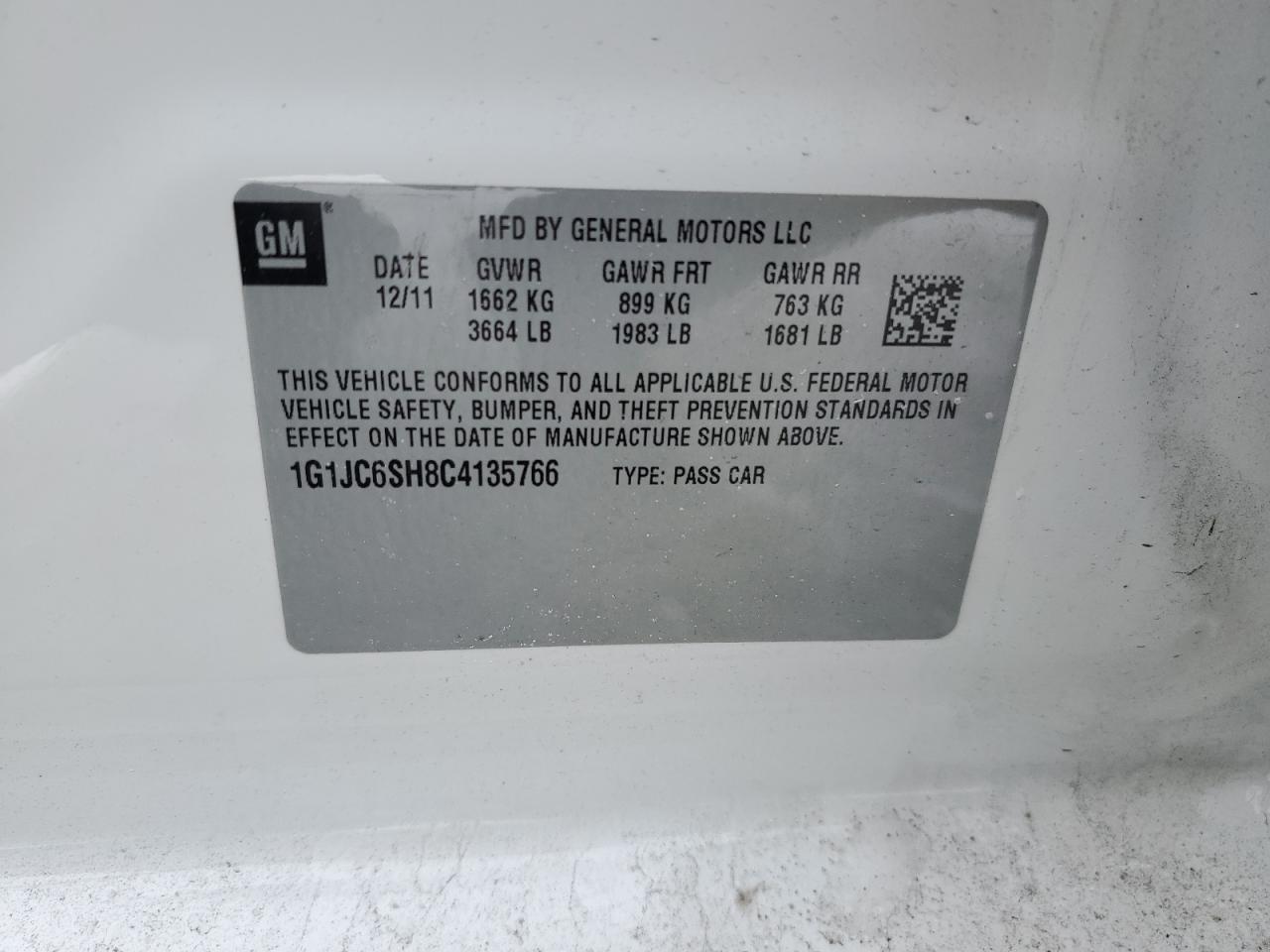 2012 Chevrolet Sonic VIN 1G1JC6SH8C4135766 Copart auction photo, side / undercarriage damage thumbnail 12