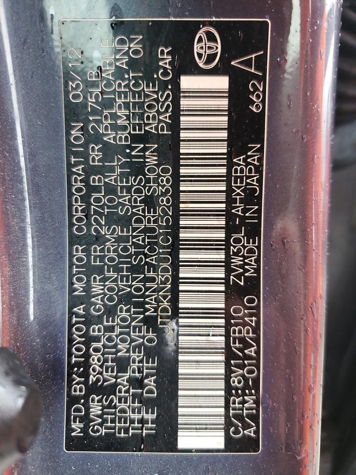 2012 Toyota Prius VIN JTDKN3DU1C1528380 Copart auction photo, front end / rear end damage thumbnail 12