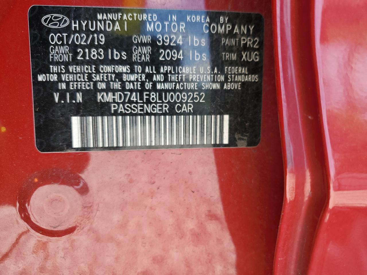 2020 Hyundai Elantra VIN KMHD74LF8LU009252 Copart auction photo, rear end damage thumbnail 13