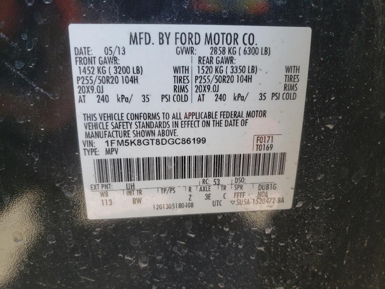 2013 Ford Explorer VIN 1FM5K8GT8DGC86199 Copart auction photo, front end / side damage thumbnail 14