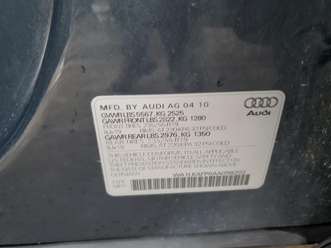 2010 Audi Q5 VIN WA1LKAFP6AA098202 Copart auction photo, front end damage thumbnail 13