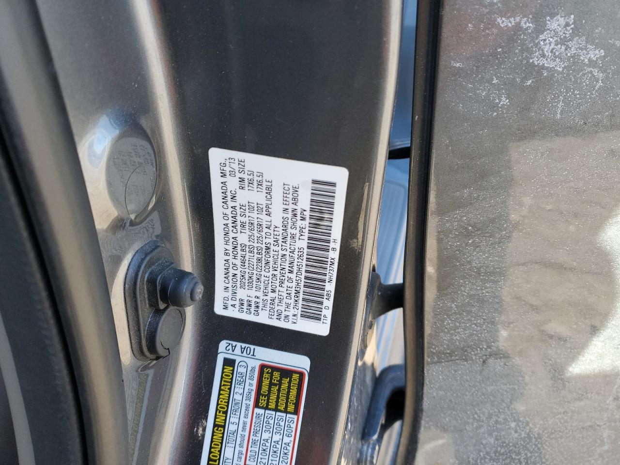 2013 Honda CR-V VIN 2HKRM3H57DH512635 Copart auction photo, front end damage thumbnail 14