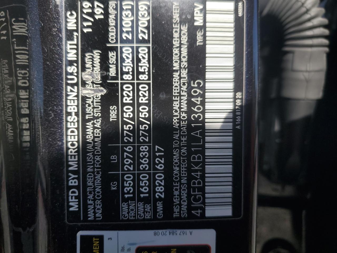 2020 Mercedes-Benz GLE VIN 4JGFB4KB1LA136495 Copart auction photo, rear end damage thumbnail 13