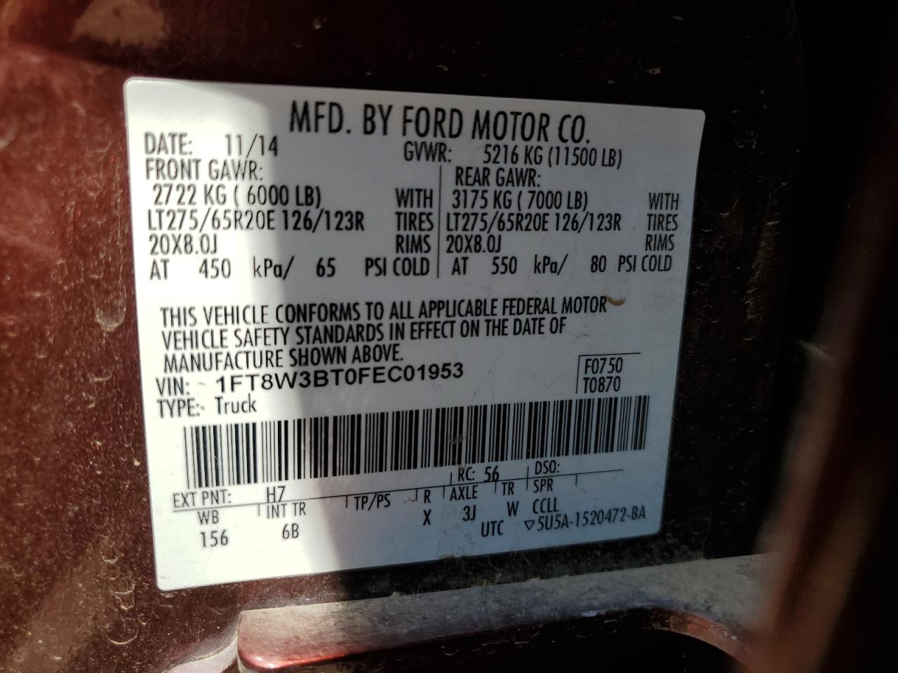 2015 Ford F350 VIN 1FT8W3BT0FEC01953 Copart auction photo, all over / undercarriage damage thumbnail 12