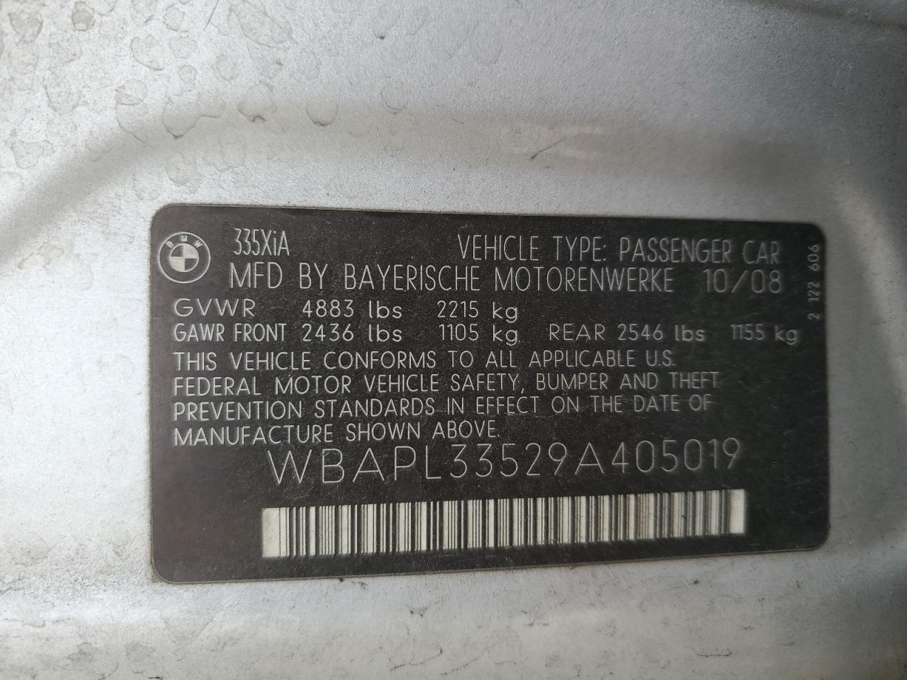 2009 BMW 3er VIN WBAPL33529A405019 Copart auction photo, rear end / undercarriage damage thumbnail 12