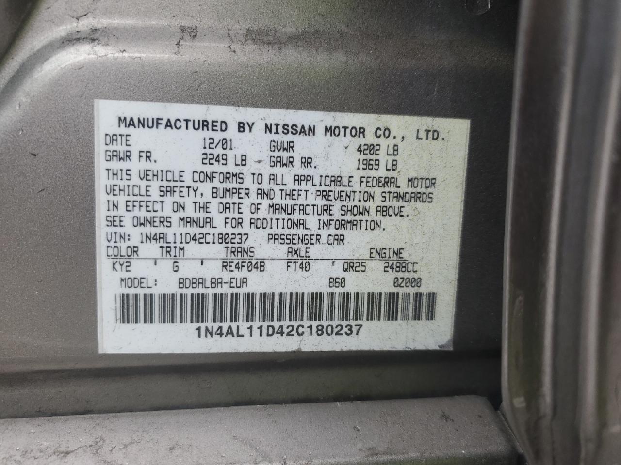 2002 Nissan Altima VIN 1N4AL11D42C180237 Copart auction photo, side / front end damage thumbnail 12