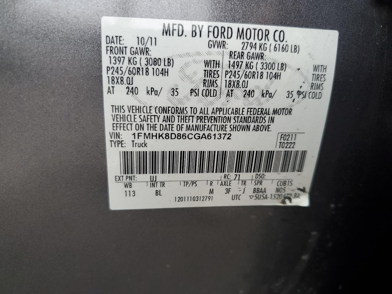 2012 Ford Explorer VIN 1FMHK8D86CGA61372 Copart auction photo, rear end damage thumbnail 15