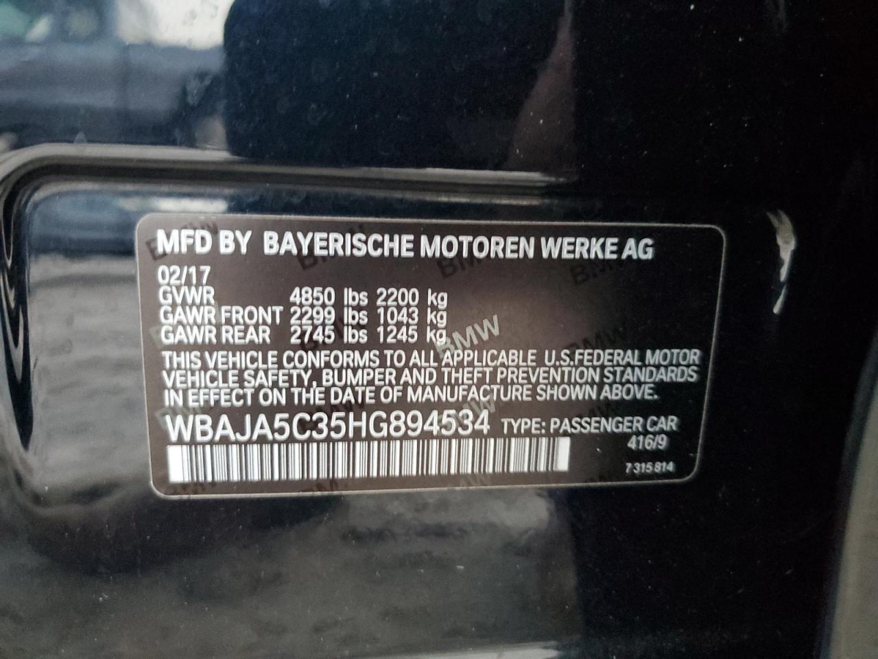 2017 BMW 5er VIN WBAJA5C35HG894534 Copart auction photo, all over damage thumbnail 12