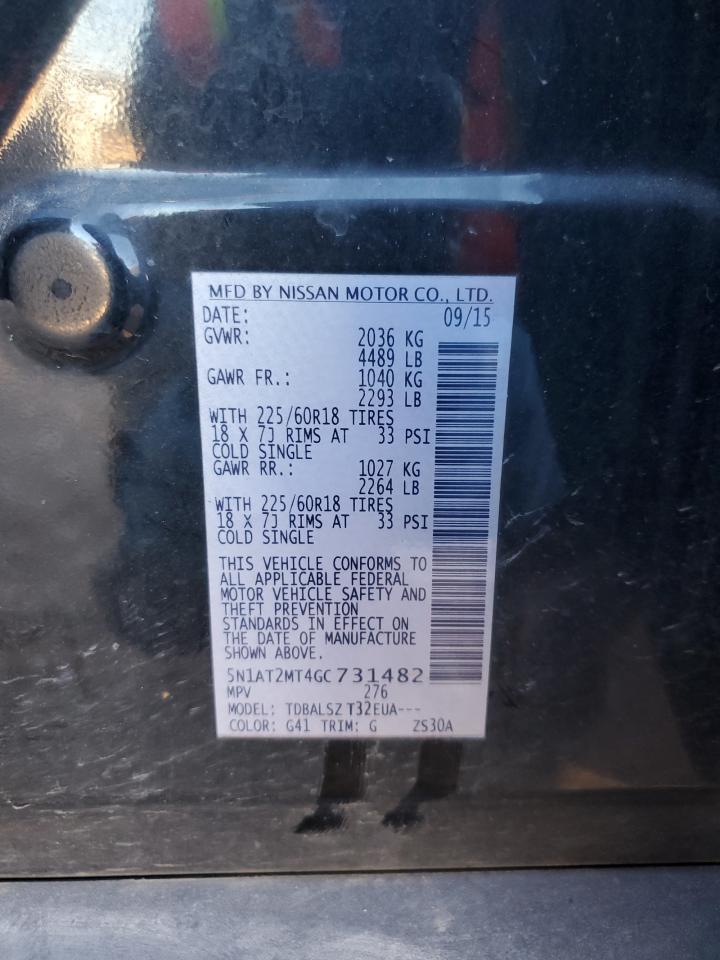 2016 Nissan Rogue VIN 5N1AT2MT4GC731482 Copart auction photo, front end / mechanical damage thumbnail 14