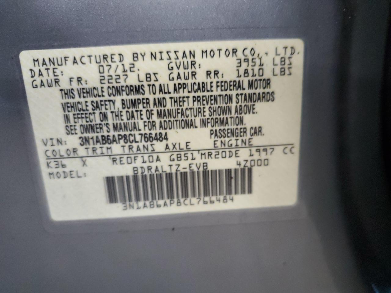 2012 Nissan Sentra VIN 3N1AB6AP8CL766484 Copart auction photo, front end / rear end damage thumbnail 12