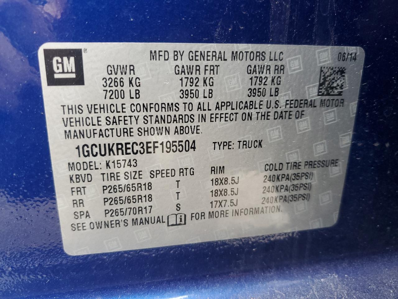 2014 Chevrolet Silverado VIN 1GCUKREC3EF195504 Copart auction photo, front end / side damage thumbnail 14