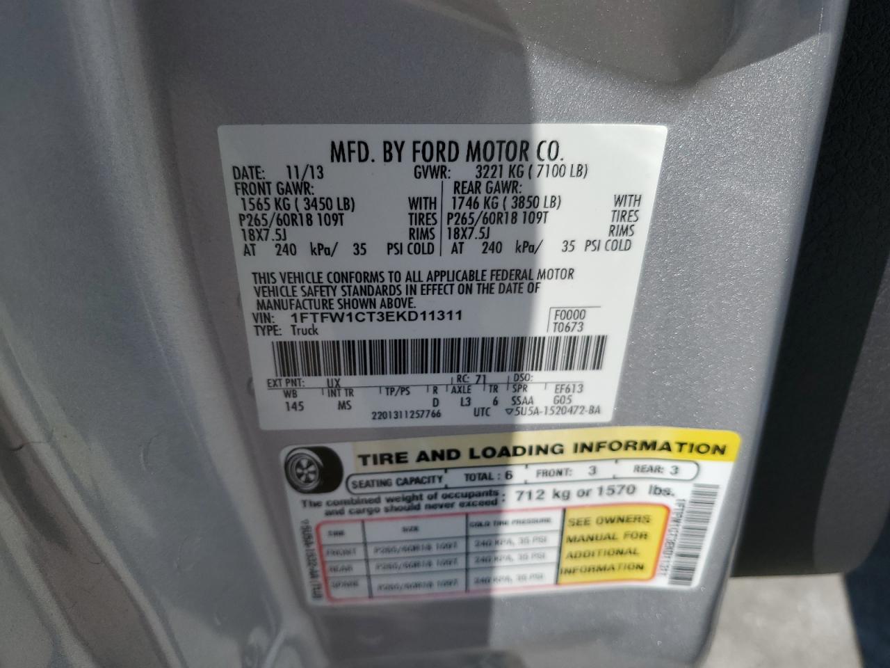 2014 Ford F-150 VIN 1FTFW1CT3EKD11311 Copart auction photo, front end damage thumbnail 12