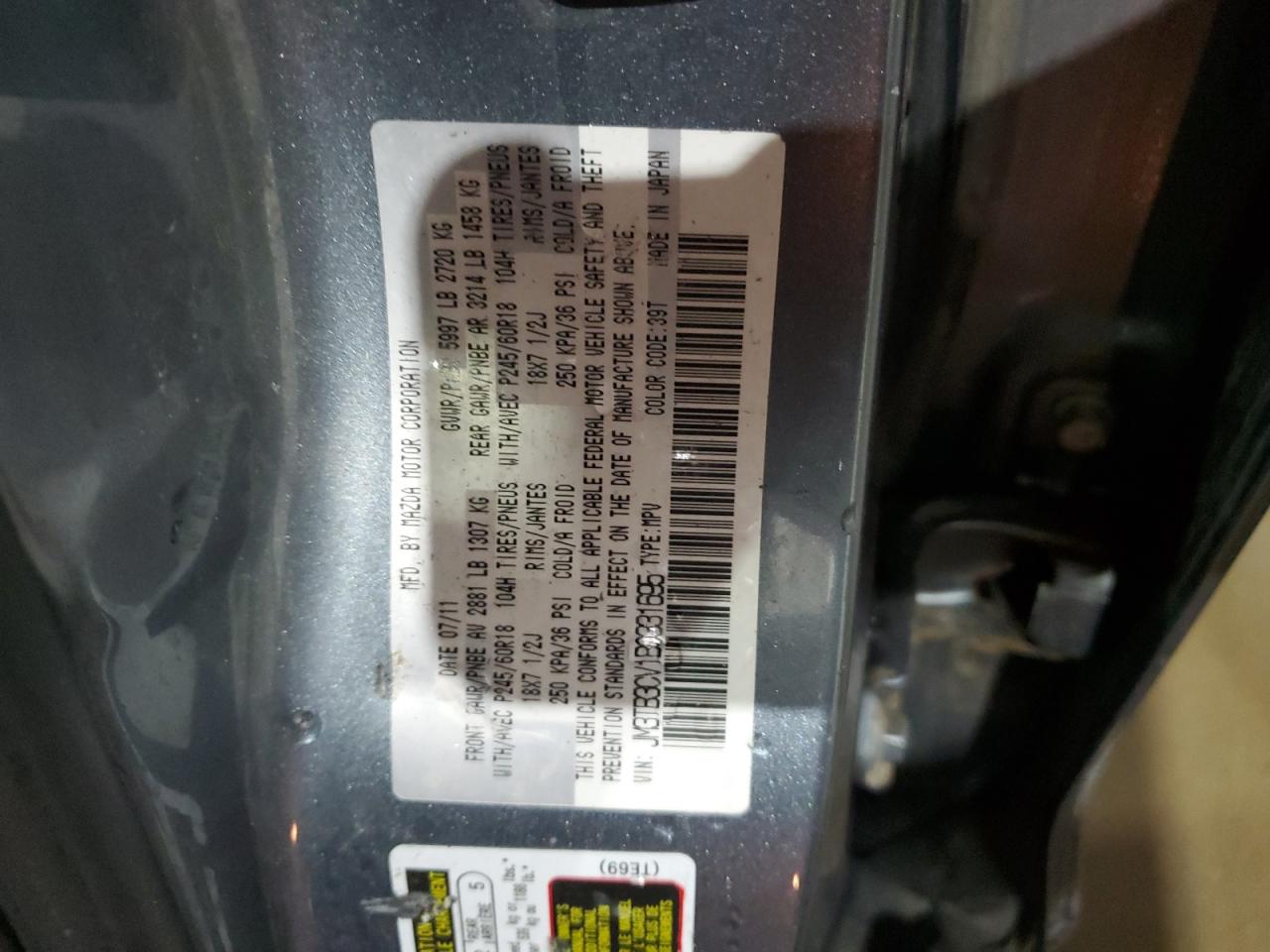 2011 Mazda CX-9 VIN JM3TB3CV1B0331695 Copart auction photo, front end / side damage thumbnail 14