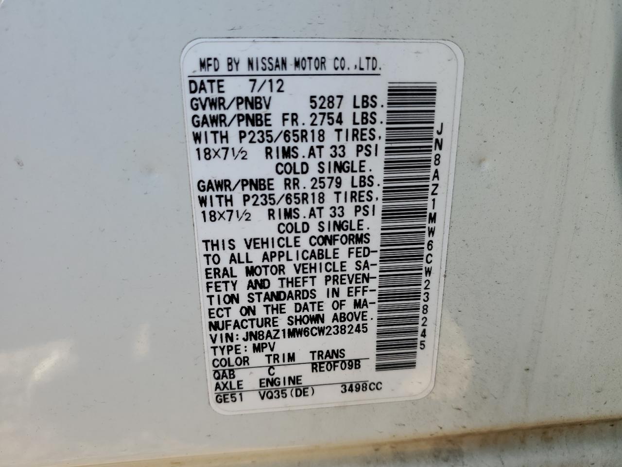 2012 Nissan Murano VIN JN8AZ1MW6CW238245 Copart auction photo, front end / minor dent/scratches damage thumbnail 15