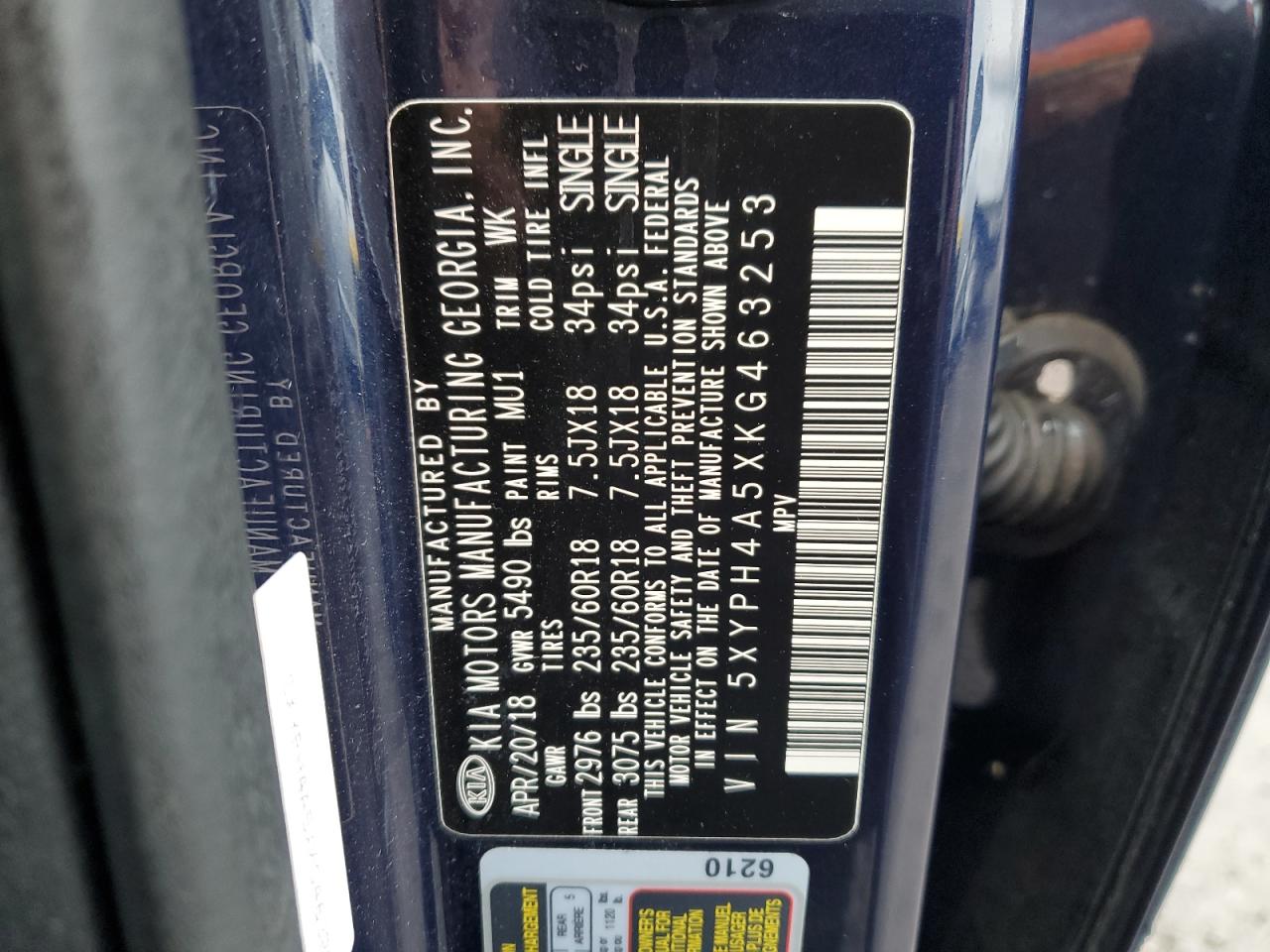 2019 KIA Sorento VIN 5XYPH4A5XKG463253 Copart auction photo, front end / side damage thumbnail 13
