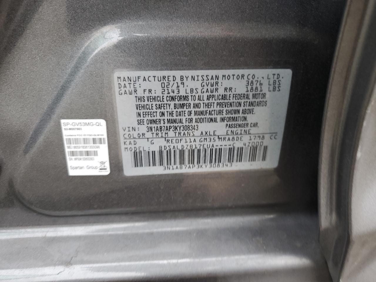 2019 Nissan Sentra VIN 3N1AB7AP3KY308343 Copart auction photo, side damage thumbnail 14