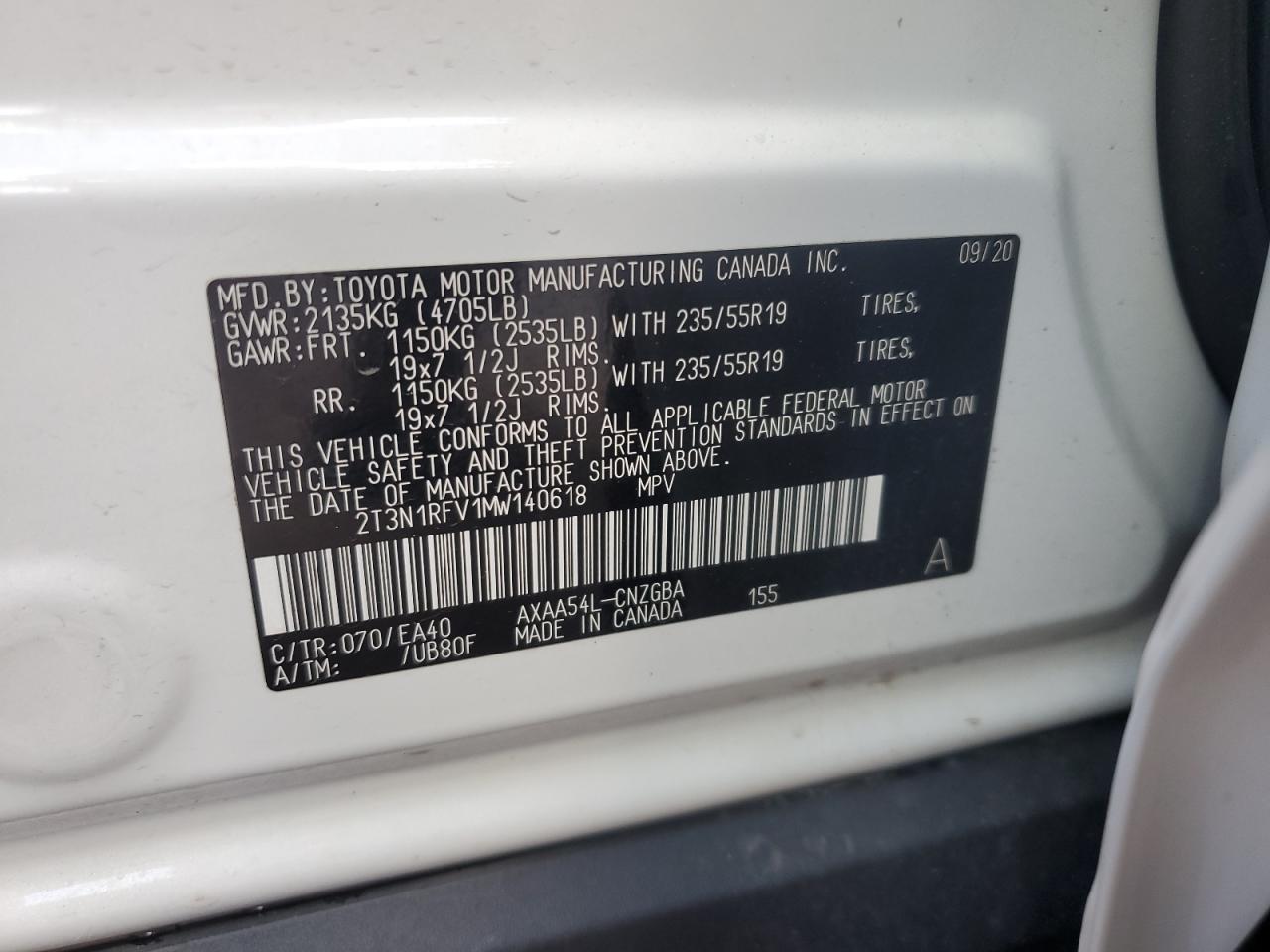 2021 Toyota RAV 4 VIN 2T3N1RFV1MW140618 Copart auction photo, front end damage thumbnail 14