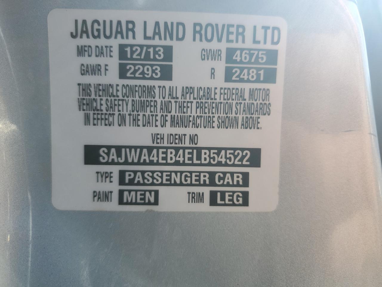 2014 Jaguar XK VIN SAJWA4EB4ELB54522 Copart auction photo, rear end damage thumbnail 13