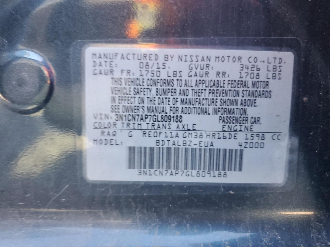 2016 Nissan Versa VIN 3N1CN7AP7GL809188 Copart auction photo, front end / side damage thumbnail 12