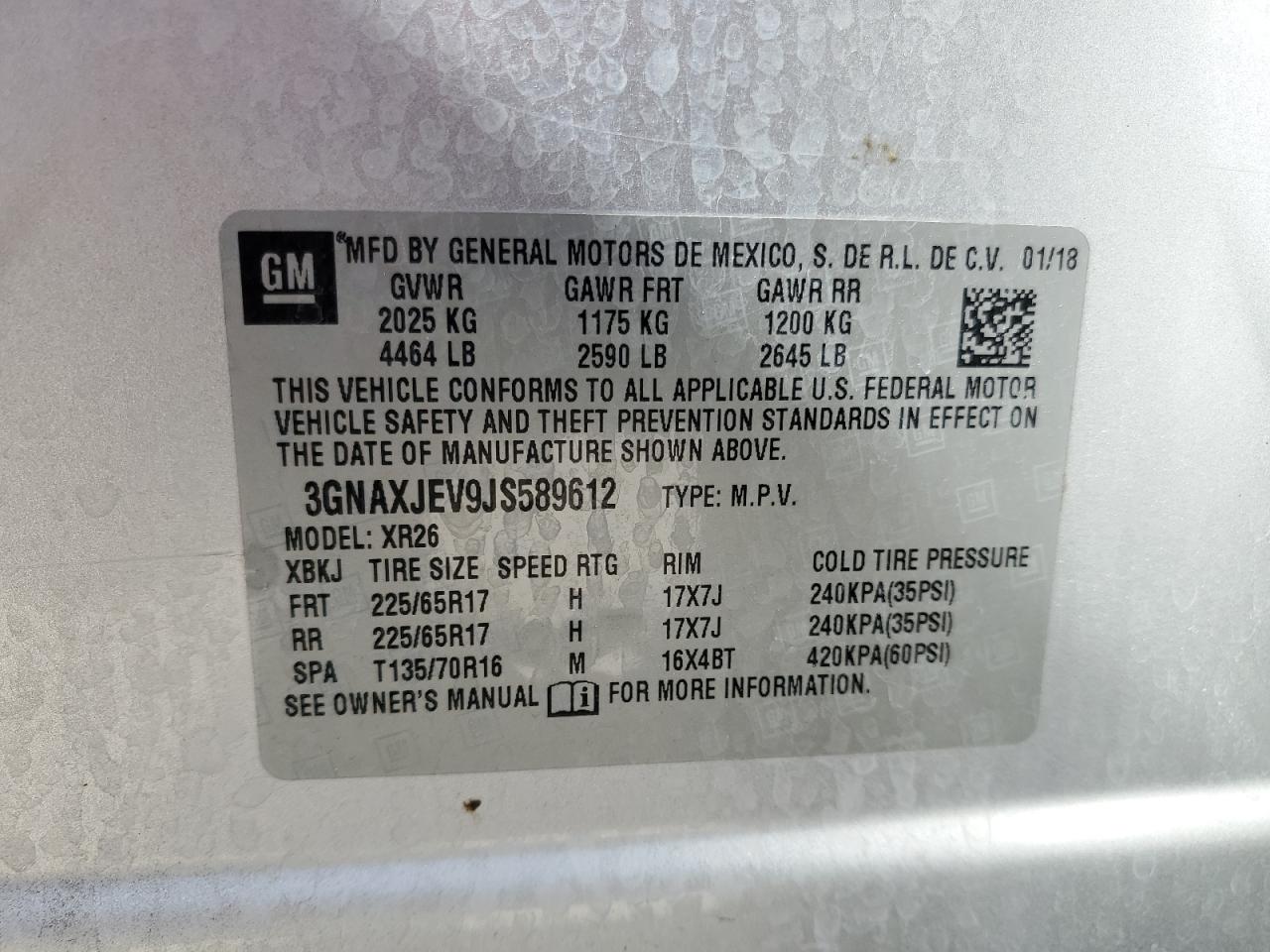 2018 Chevrolet Equinox VIN 3GNAXJEV9JS589612 Copart auction photo, front end / minor dent/scratches damage thumbnail 15