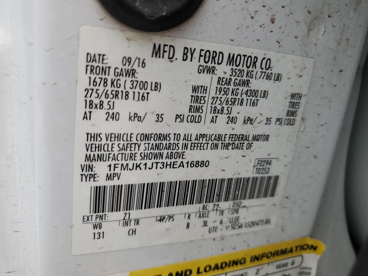 2017 Ford Expedition VIN 1FMJK1JT3HEA16880 Copart auction photo, front end damage thumbnail 13