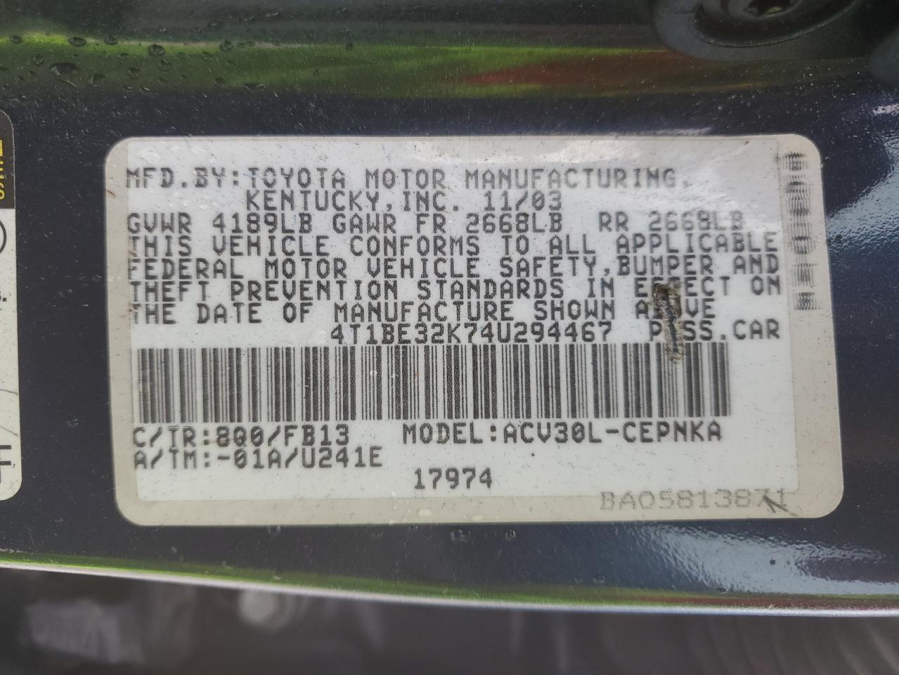 2004 Toyota Camry VIN 4T1BE32K74U294467 Copart auction photo, minor dent/scratches damage thumbnail 12