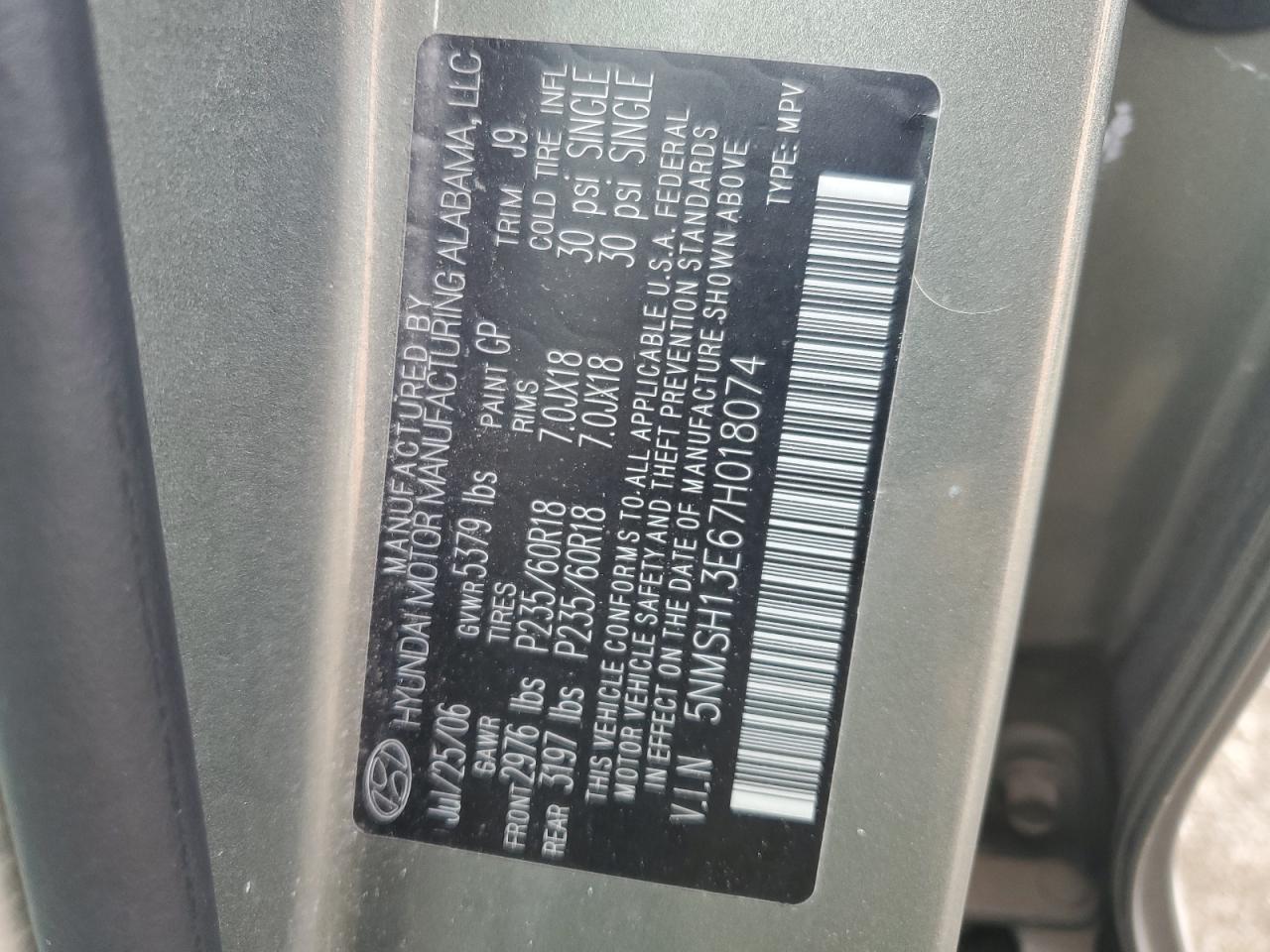 2007 Hyundai Santa Fe VIN 5NMSH13E67H018074 Copart auction photo, front end / side damage thumbnail 15