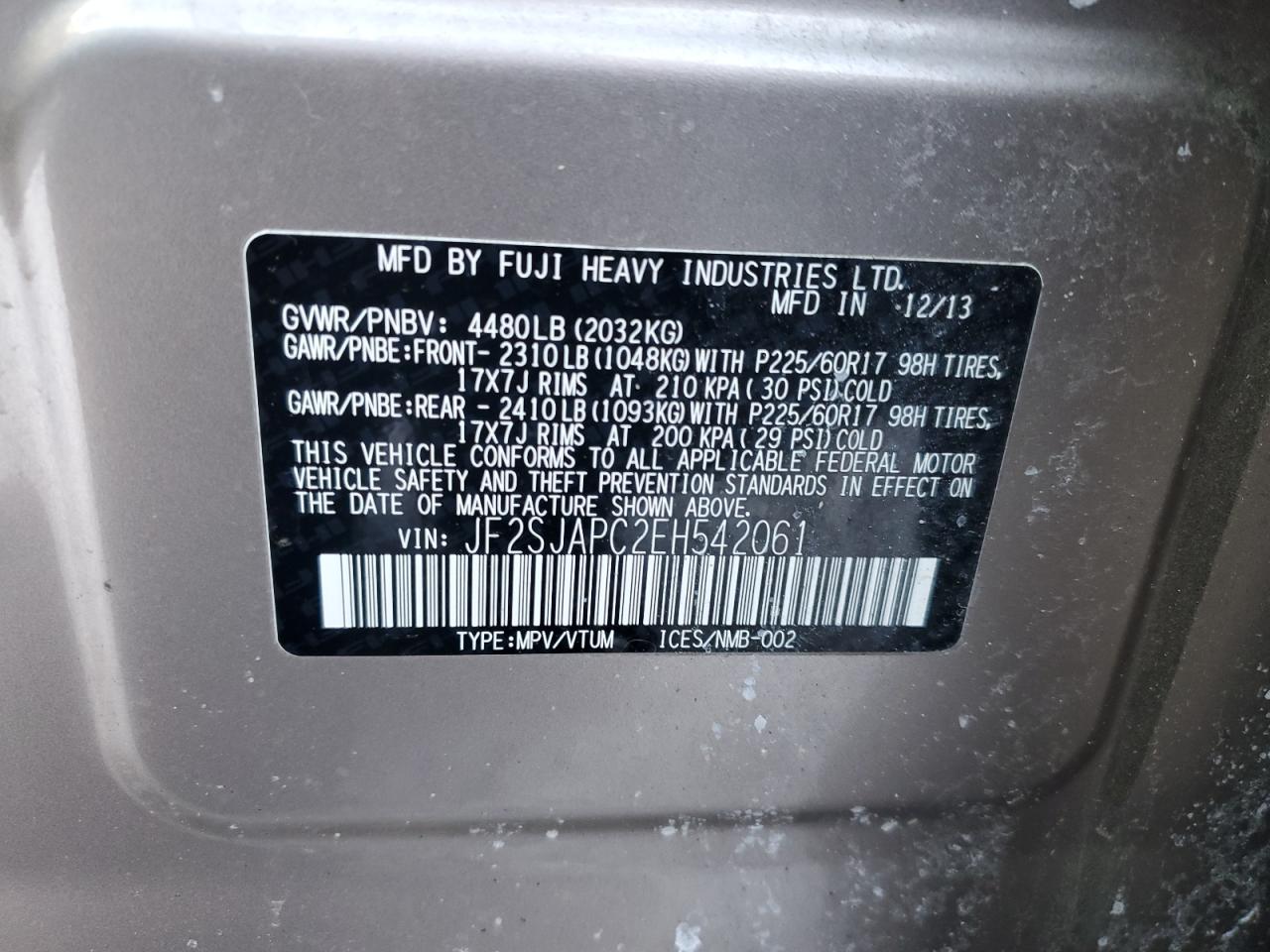 2014 Subaru Forester VIN JF2SJAPC2EH542061 Copart auction photo, side / front end damage thumbnail 12