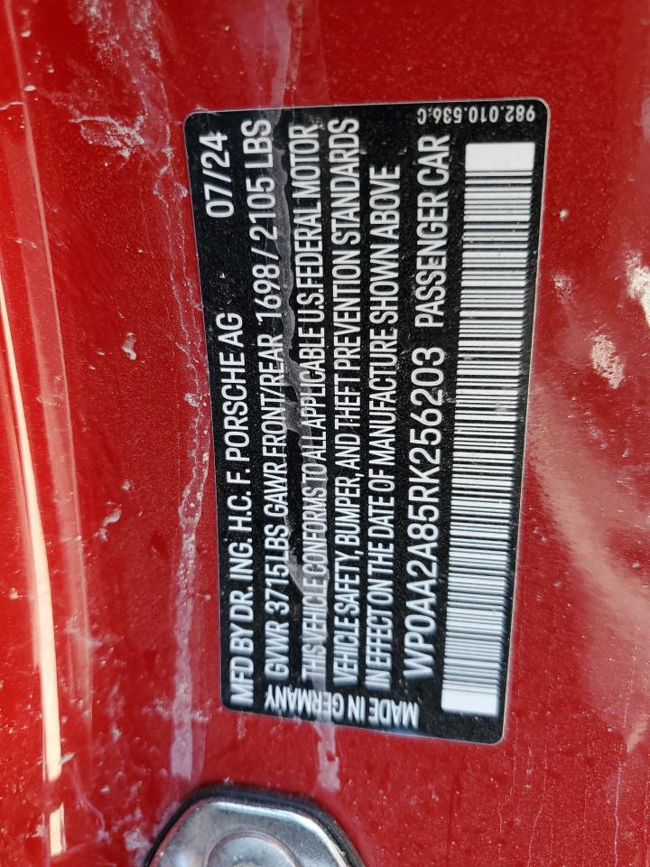 2024 Porsche Cayman VIN WP0AA2A85RK256203 Copart auction photo, rear end / minor dent/scratches damage thumbnail 12