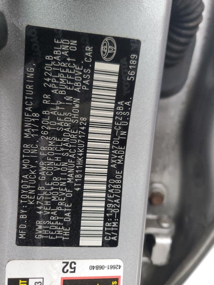 2019 Toyota Camry VIN 4T1B11HK4KU717428 Copart auction photo, front end / side damage thumbnail 14