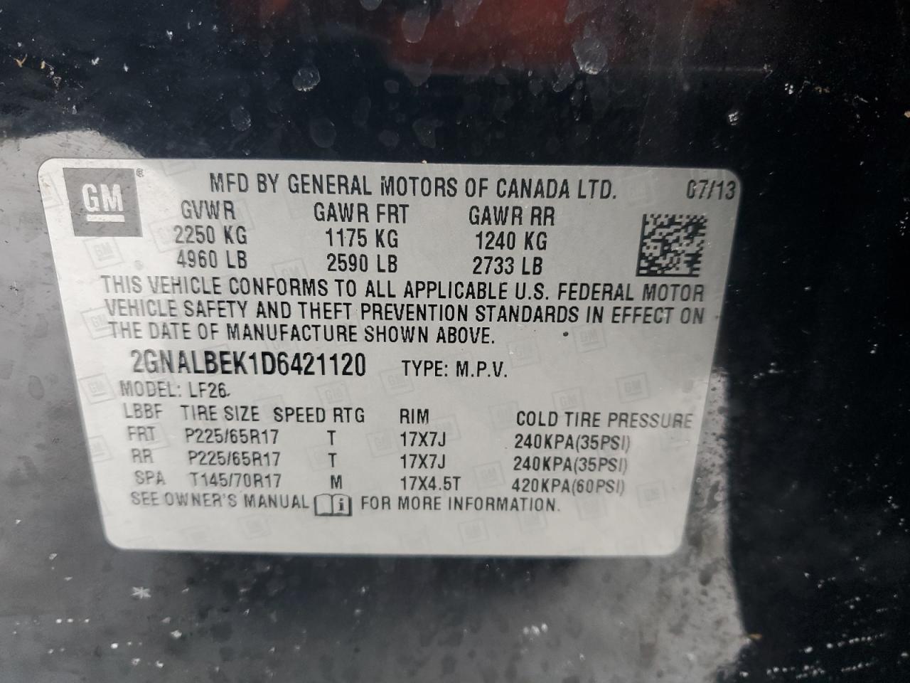 2013 Chevrolet Equinox VIN 2GNALBEK1D6421120 Copart auction photo, front end / side damage thumbnail 15