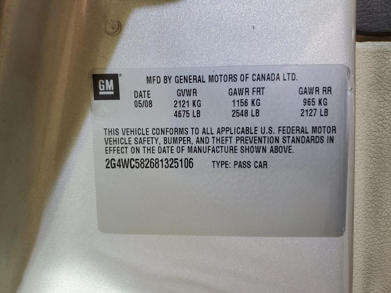 2008 Buick LaCrosse VIN 2G4WC582681325106 Copart auction photo, front end / side damage thumbnail 13