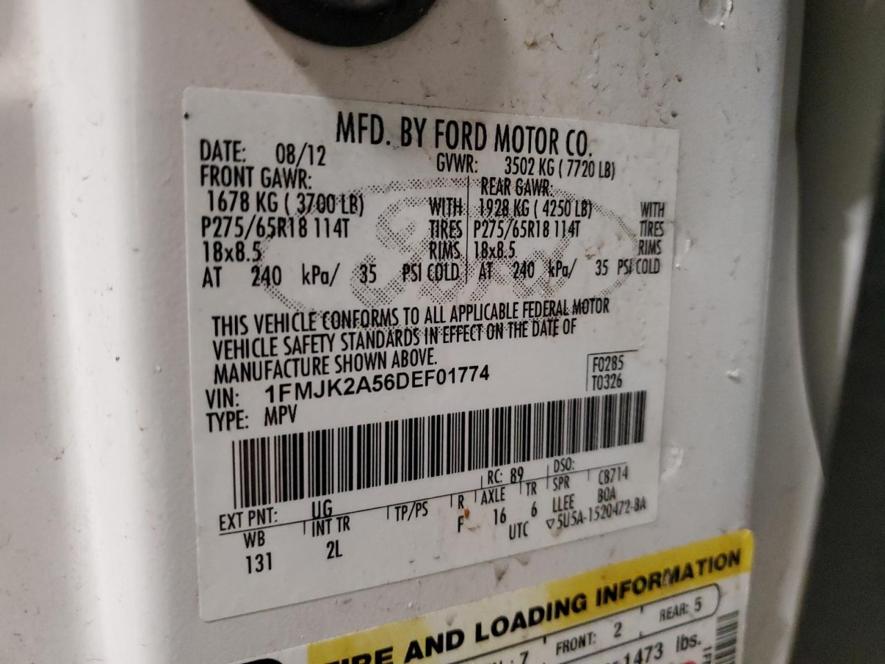 2013 Ford Expedition VIN 1FMJK2A56DEF01774 Copart auction photo, front end / side damage thumbnail 13