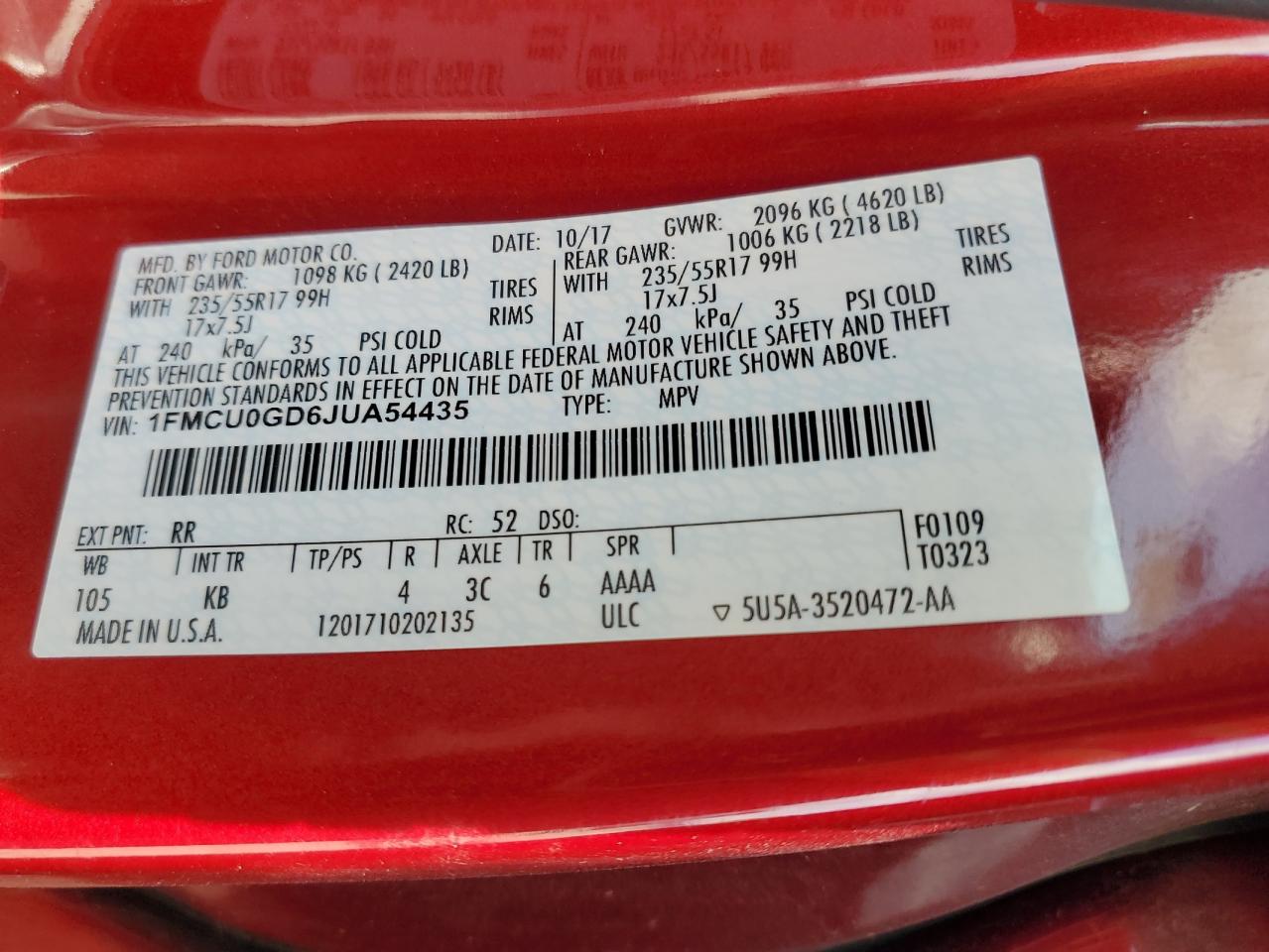 2018 Ford Escape VIN 1FMCU0GD6JUA54435 Copart auction photo, rear end / minor dent/scratches damage thumbnail 13